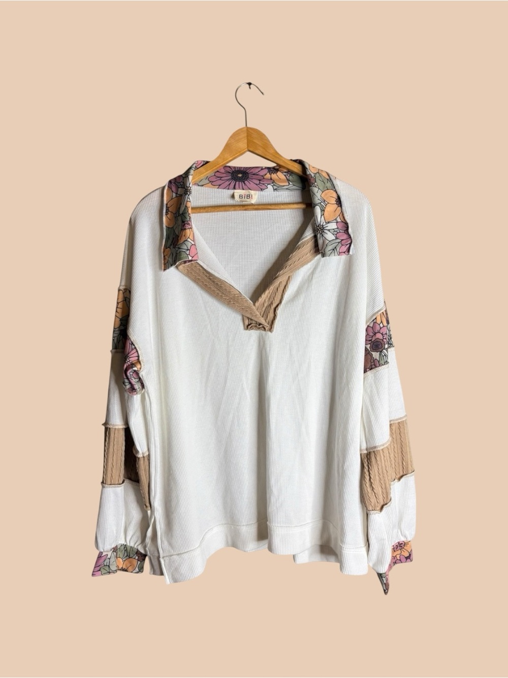 BiBi XL Floral Patchwork Waffle Knit Oversized Boho Pullover Top